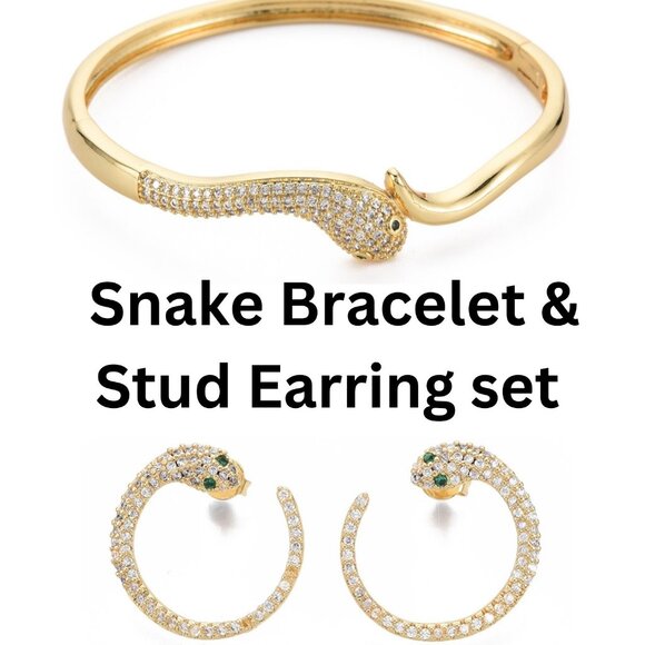 NWOT Real Gold plated micro pave Snake Bangle and earring set - Picture 1 of 7